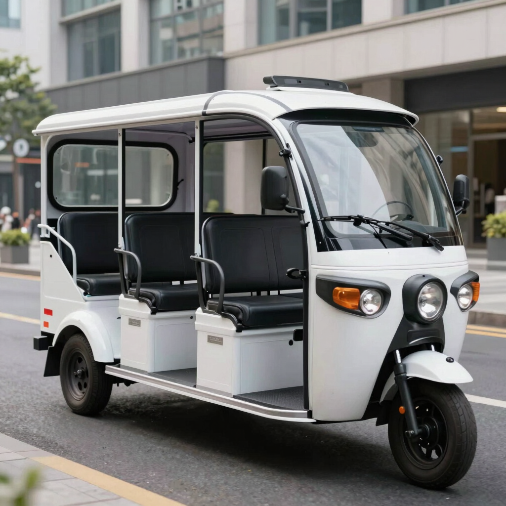 A sleek white BN-ZKC series electric passenger tricycle, designed for 3 to 5 passengers, shown navigating a modern urban street. The photography is clean and bright, showcasing the vehicle's modern aesthetics in a Global / International setting.