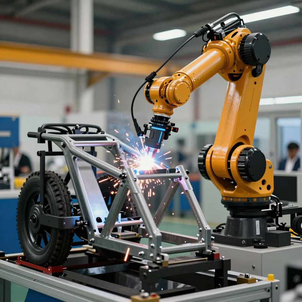 A sharp photography shot of a high-tech manufacturing line featuring a robotic welding arm as it works on a steel electric tricycle frame. Sparks are visible, emphasizing industrial precision. Global / International factory setting.