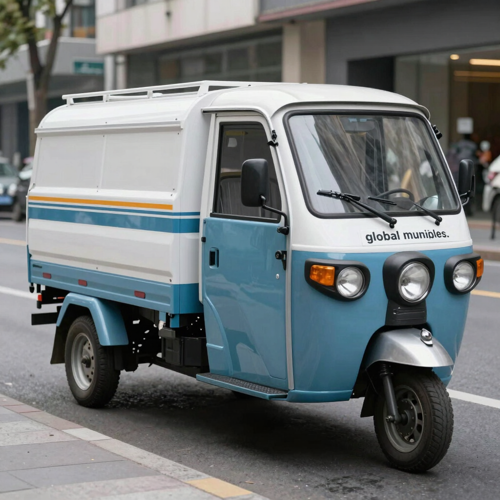 A specialized sanitation electric tricycle featuring a white and dusty blue exterior, parked on a clean city boulevard. The vehicle represents the versatility of our special purpose series for global municipalities.