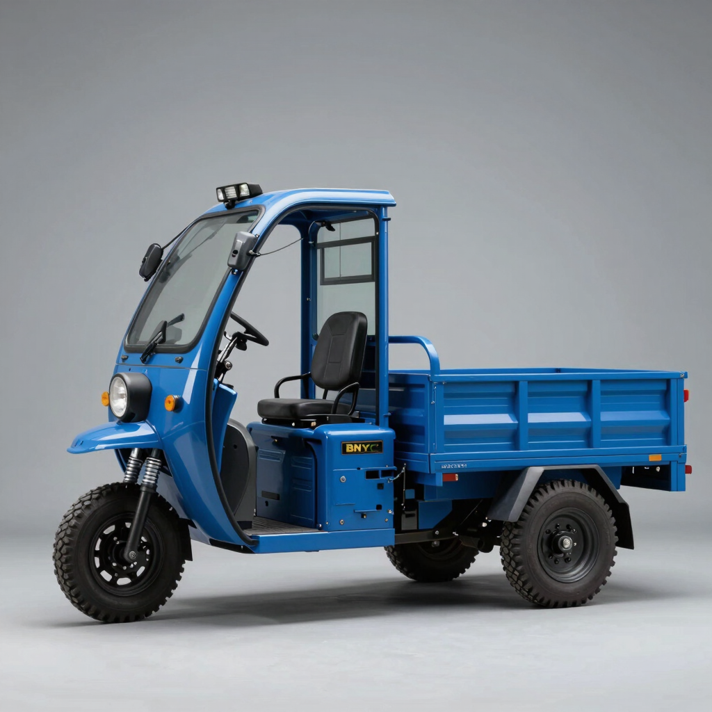 A side-profile studio shot of a BN-HYC heavy-duty cargo loader electric tricycle in steel blue. The vehicle features a large metal carriage and robust suspension. The lighting is clean and professional against a neutral background. Global / International style.