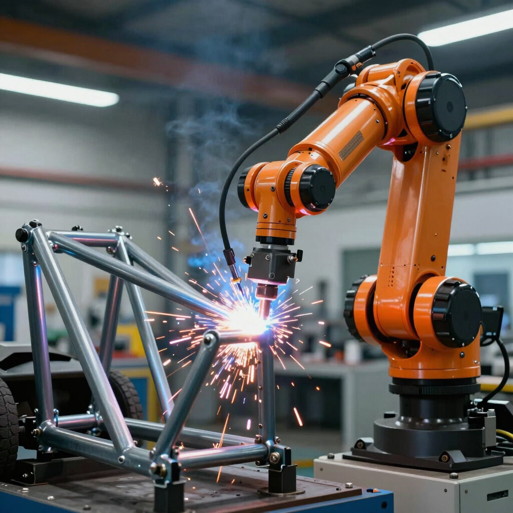 Close-up of a high-tech robotic welding arm emitting sparks as it precision-joins a steel electric tricycle frame in a modern factory. Industrial lighting with steel blue and orange hues. Global / International.