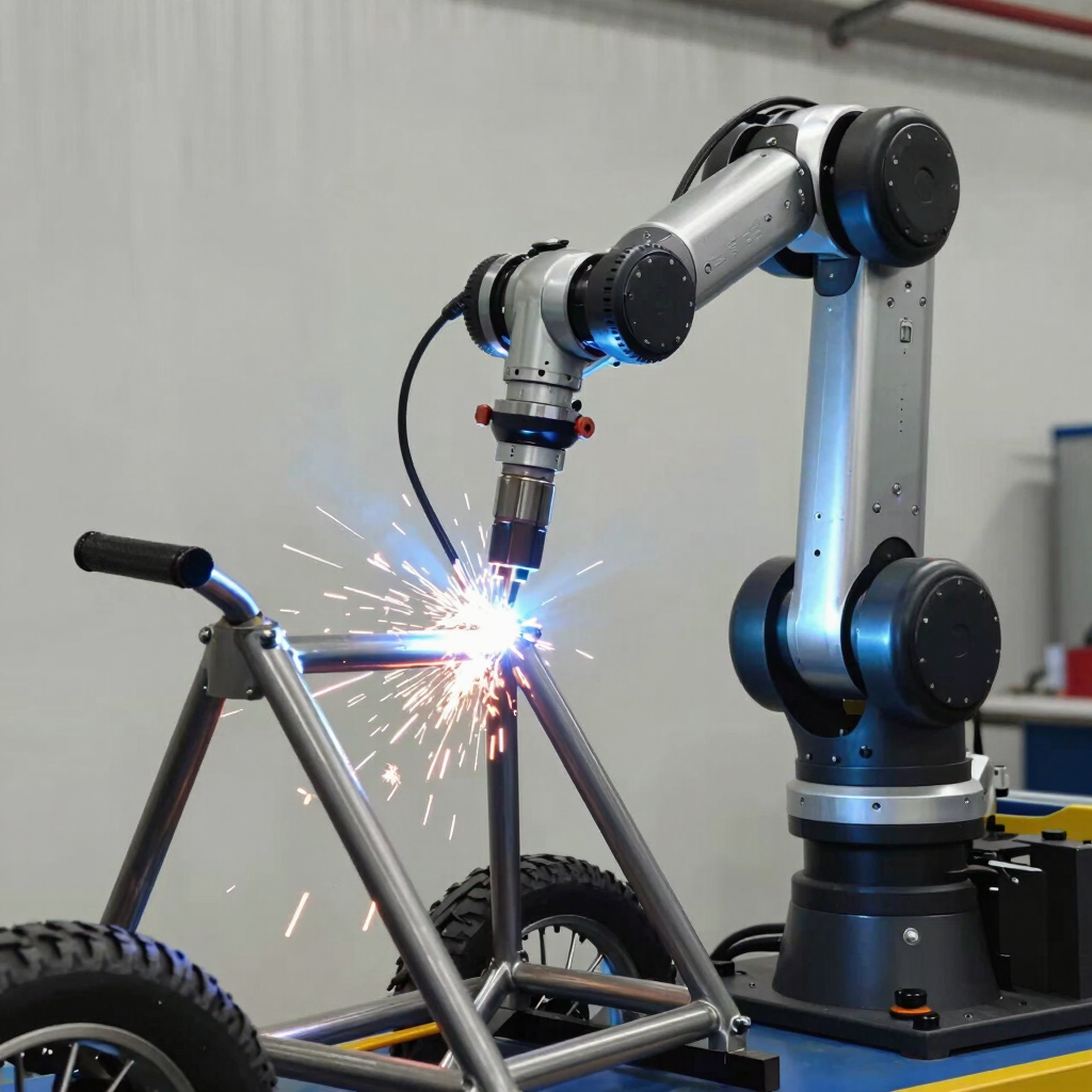 A detailed close-up of a high-tech robotic welding arm emitting bright sparks as it precision-welds a steel electric tricycle frame. The lighting features cool blue tones against an industrial off-white background.