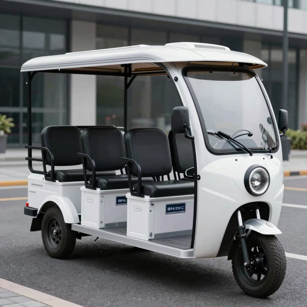 A professional photography shot of a white BN-ZKC series passenger electric tricycle for five passengers, shown on a clean modern street. The design is sleek and professional. Global / International style.
