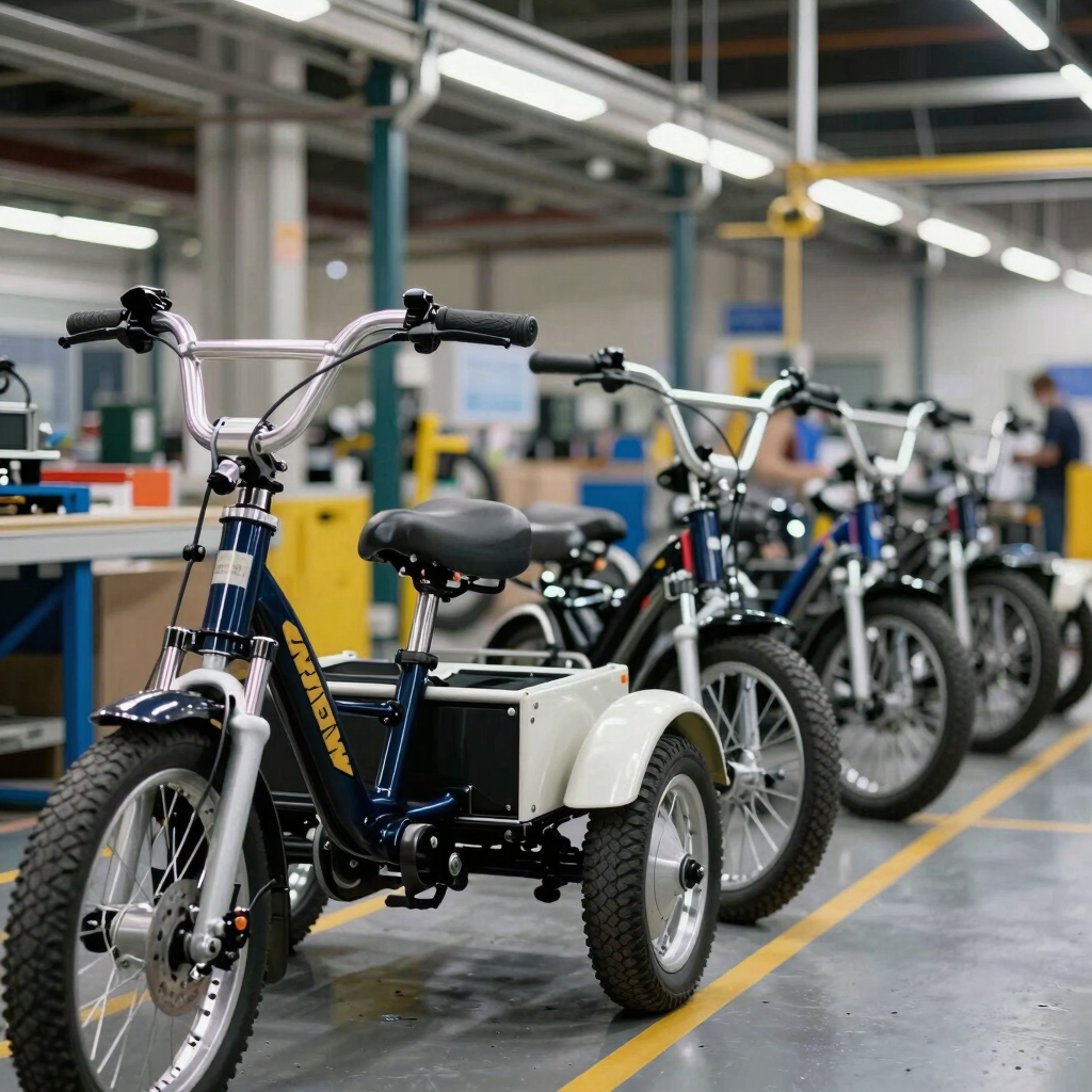 The final inspection stage on an assembly line. A row of finished passenger trikes and freight loaders ready for shipment, showcasing robust engineering and industrial design. Global / International.