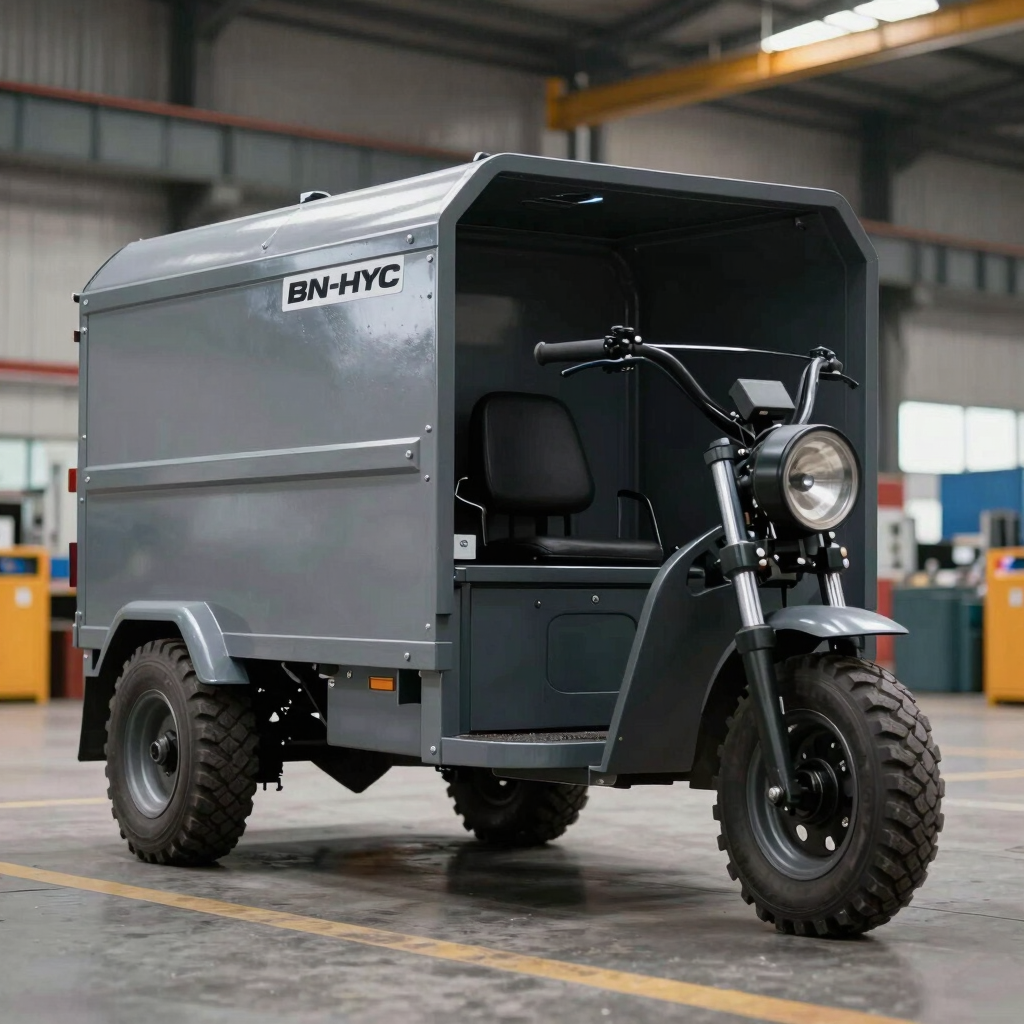 A heavy-duty BN-HYC electric cargo loader tricycle shown in an industrial warehouse setting. The vehicle features a large rear carriage and robust tires, shot with sharp focus to emphasize its durable engineering.