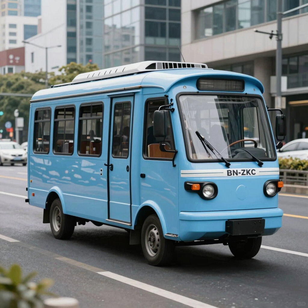 A photography shot of a BN-ZKC series passenger tricycle, finished in a clean light blue, navigating a modern metropolitan road in a global international setting. The lighting is crisp, emphasizing its sleek design for urban transit.