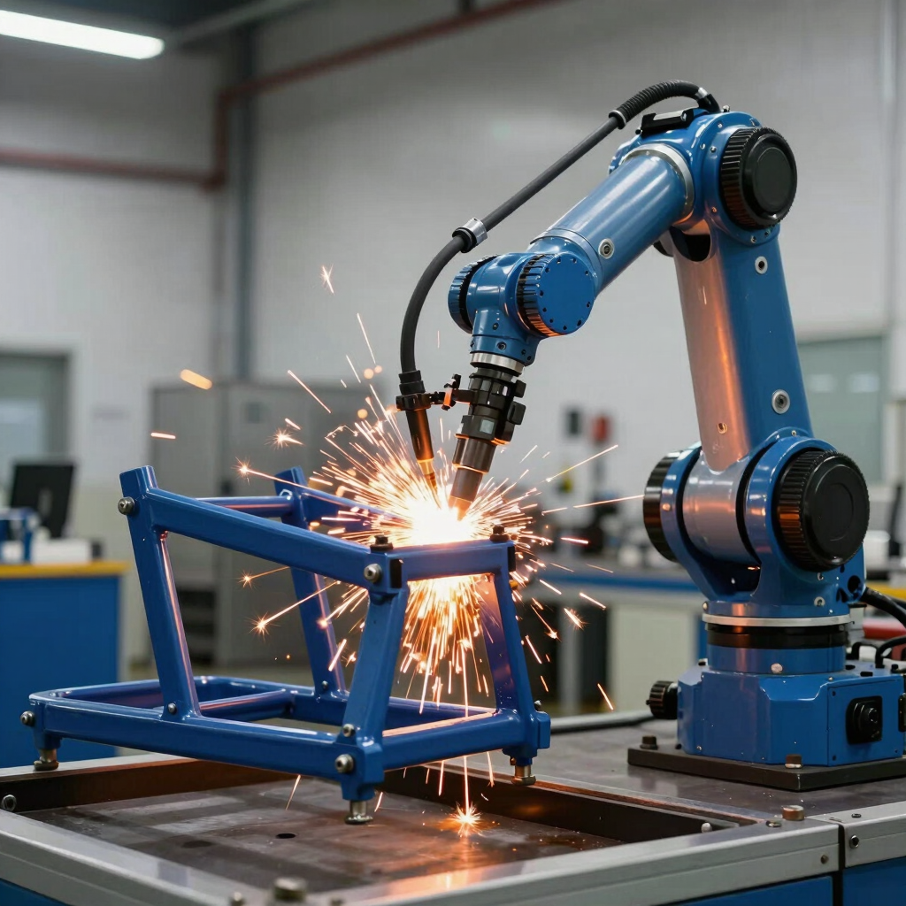 A professional industrial shot of a robotic welding arm in action on a tricycle frame. Bright orange sparks contrast with the metallic deep blue machinery. The environment is a high-output, clean manufacturing floor.